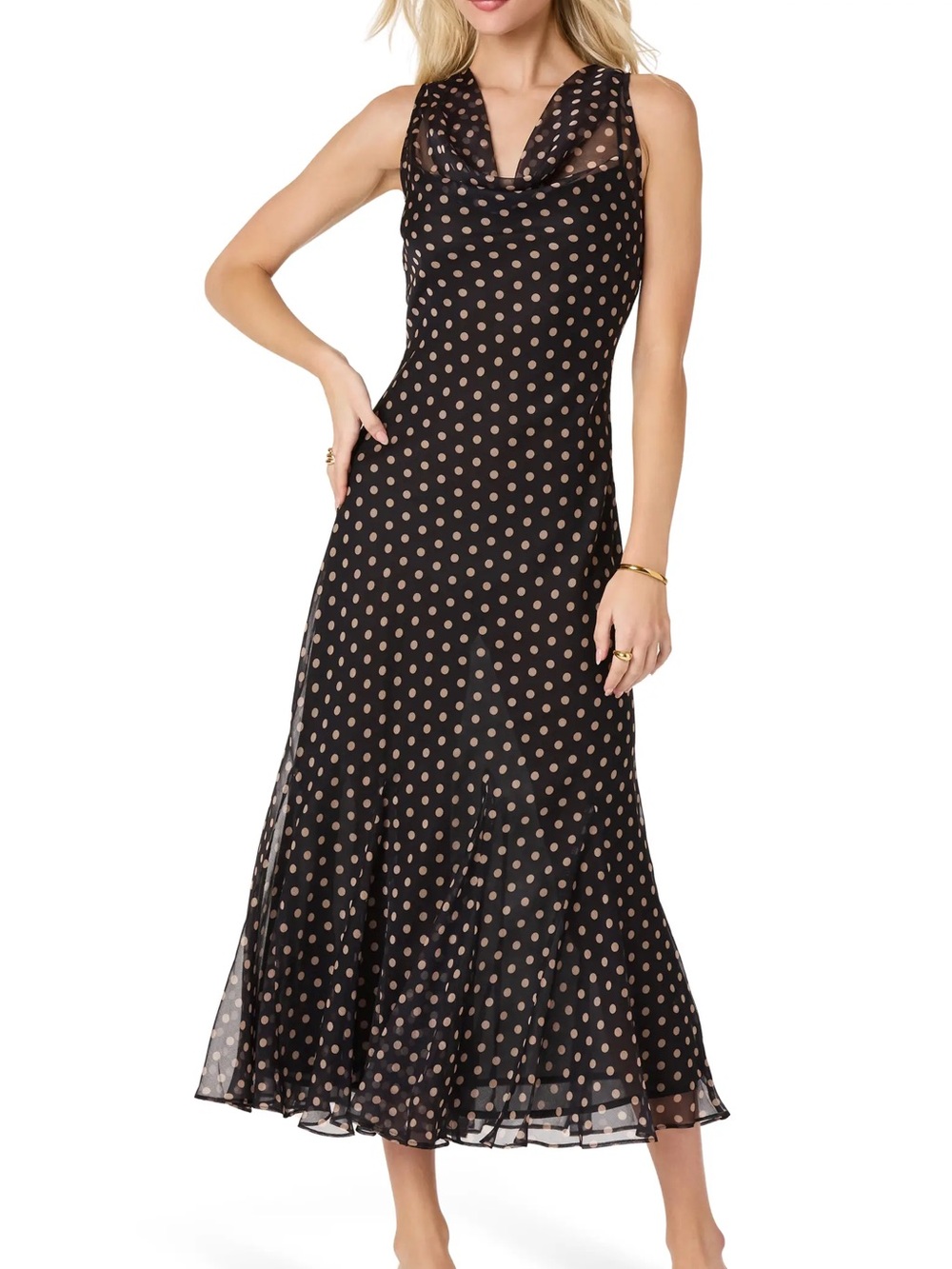 Astr Black Maxi Slip Dress with Tan Polka Dots